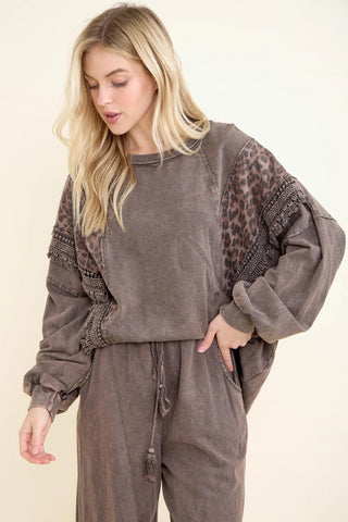 Mineral Washed Leopard Fringe Tassel Top - Ash Oak