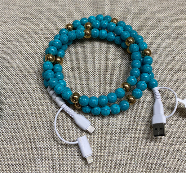 4-in-1 Turquoise & Gold Beaded Charging Cable