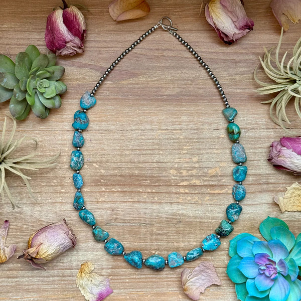 Blue Turquoise Nugget Necklace - Sterling Silver 24"