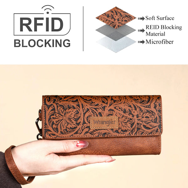 Western Floral Tooled Tri-fold RFID Wallet/Wristlet