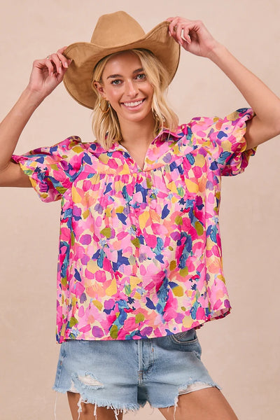Floral Pink Shirring Puff Sleeve Top