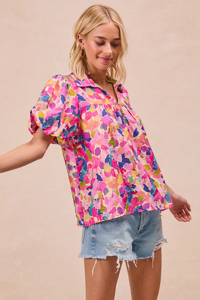 Floral Pink Shirring Puff Sleeve Top