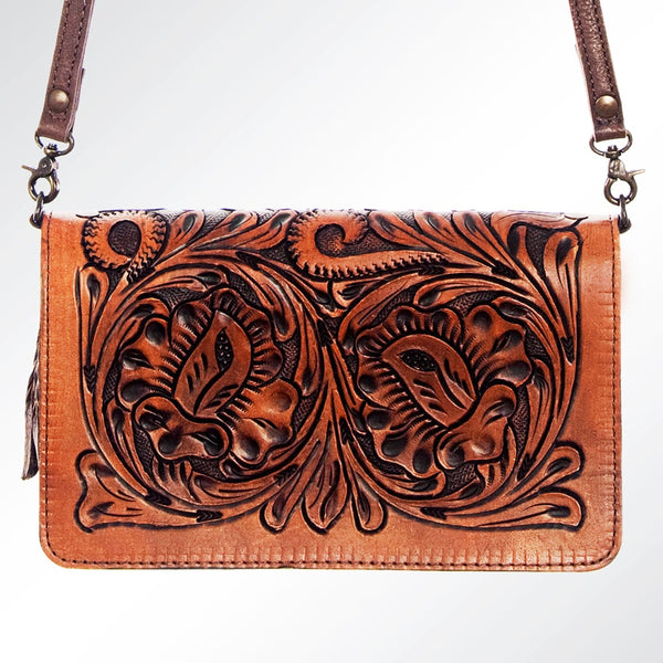 Small Tooled Leather Crossbody with Turquoise Stone