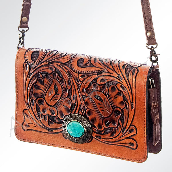 Small Tooled Leather Crossbody with Turquoise Stone