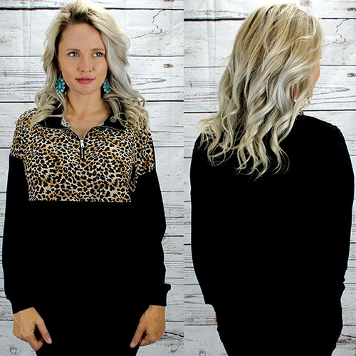 Leopard and Black 3/4 Zip Pullover