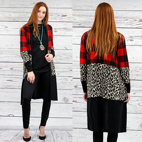 Buffalo Plaid and Leopard Color Block Cardigan