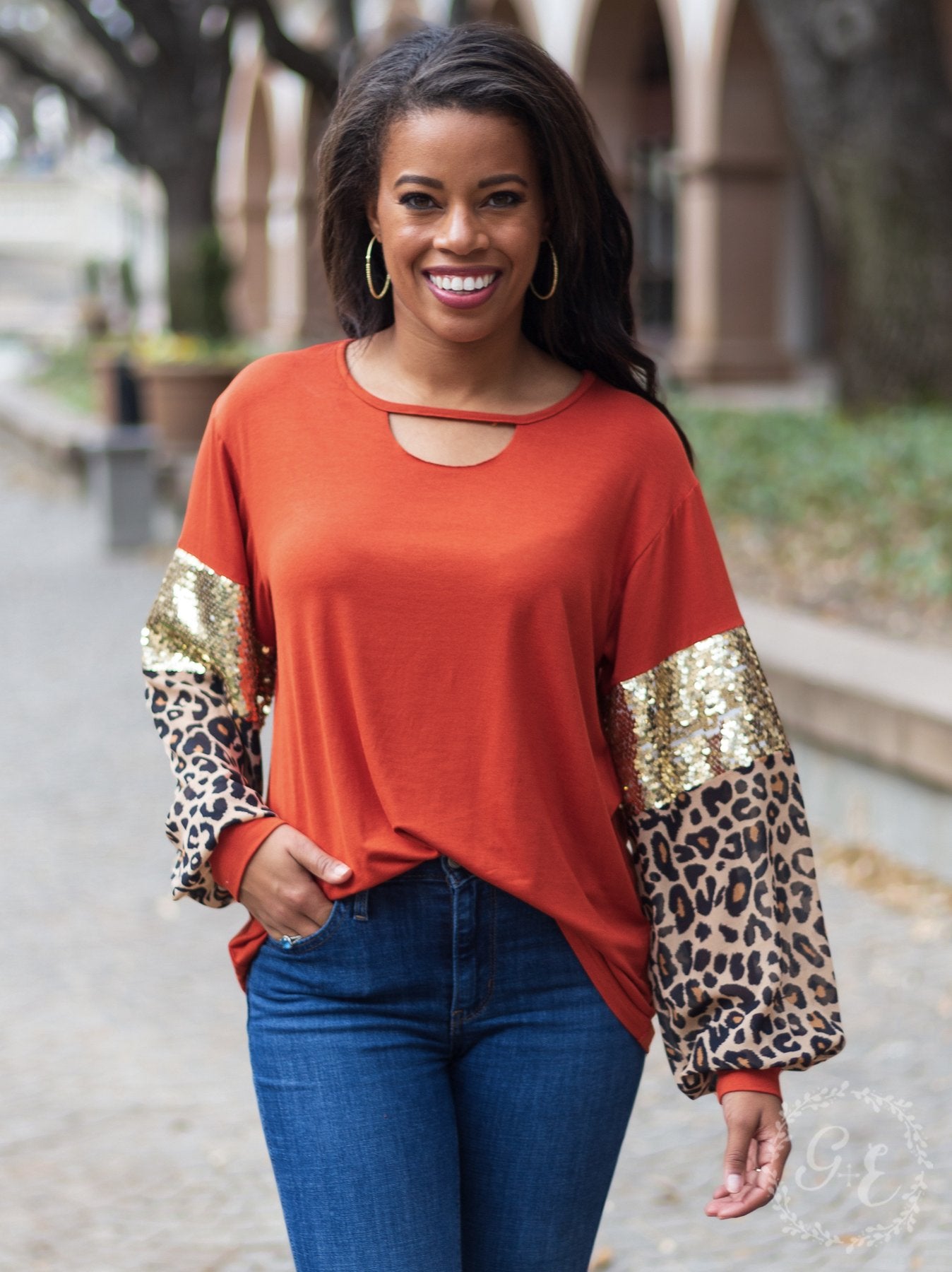 Burnt Orange Cut Out Top with Balloon Long Sleeves