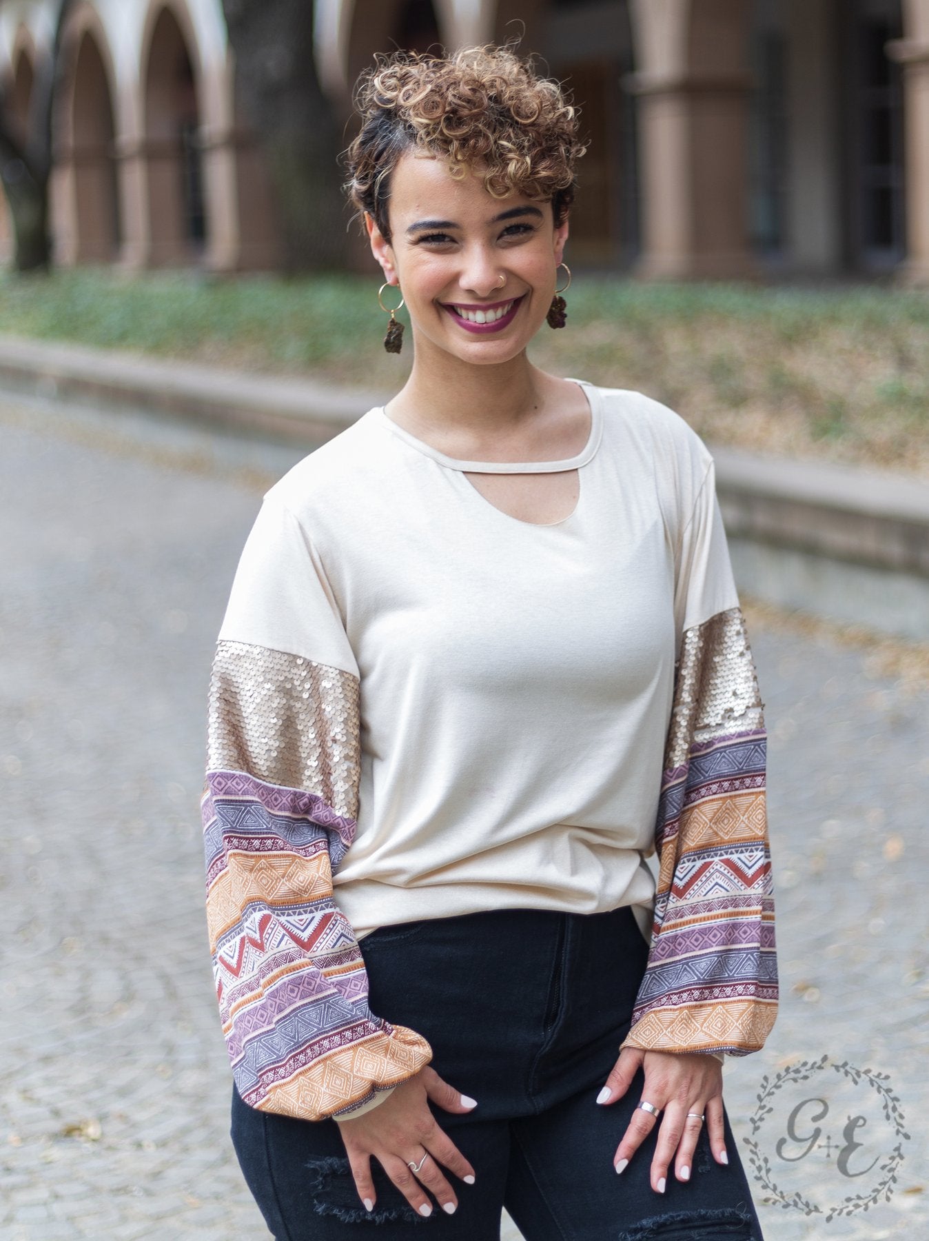 Beige Cut Out Top with Balloon Long Sleeves