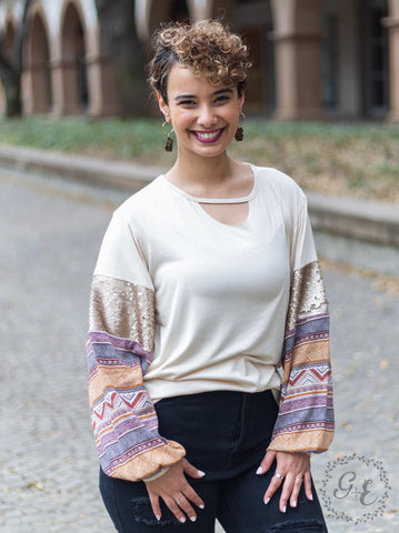 Beige Cut Out Top with Balloon Long Sleeves