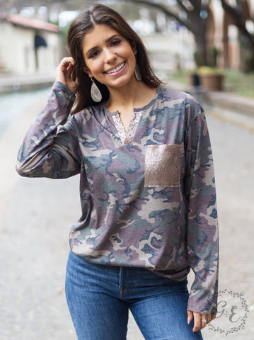 Camouflage Sequin Knotch Long Sleeve Top
