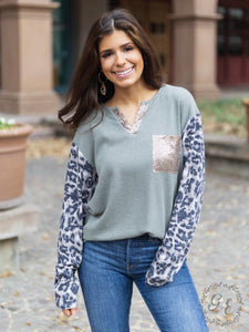 Olive Sequin Knotch Long Sleeve Top