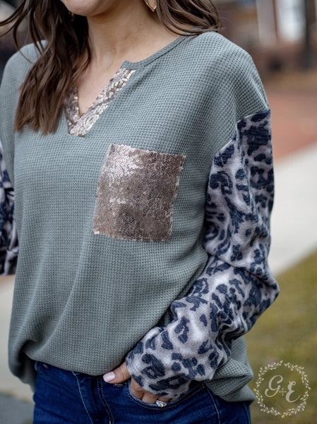 Olive Sequin Knotch Long Sleeve Top