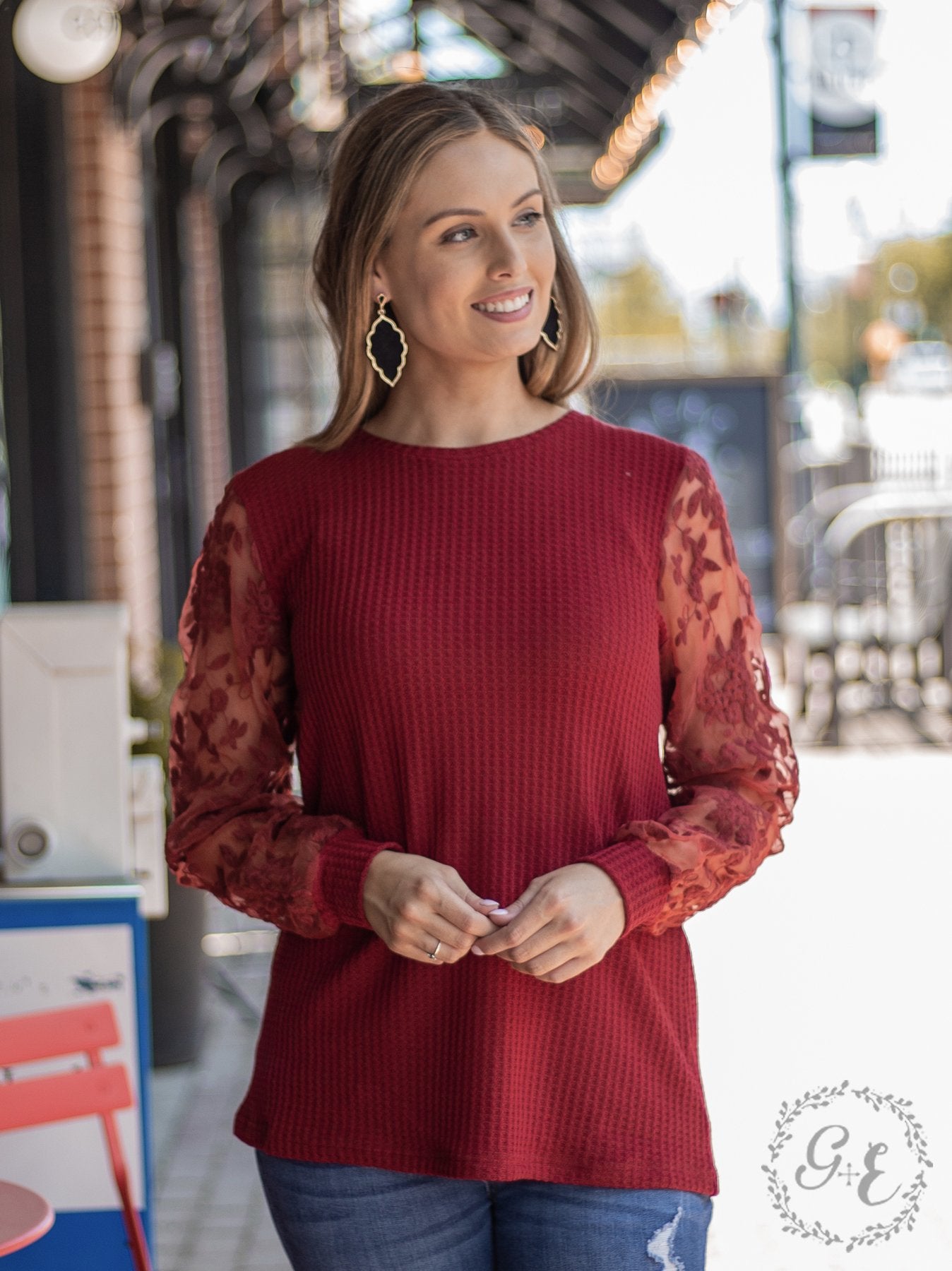 Red Floral Mesh Sleeve Top