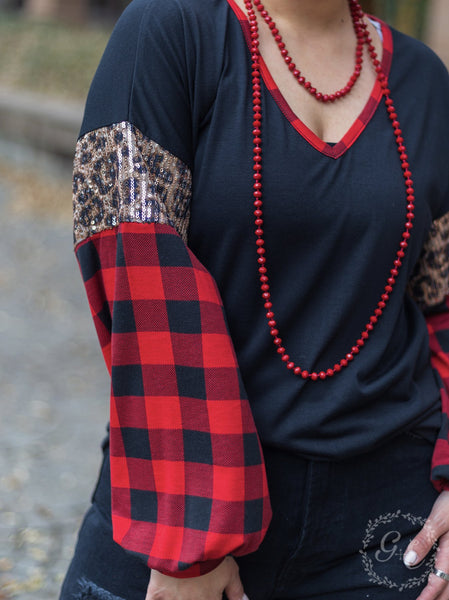 Black Leopard Sequins and Buffalo Plaid V-Neck with Balloon Sleeves