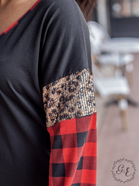 Black Leopard Sequins and Buffalo Plaid V-Neck with Balloon Sleeves