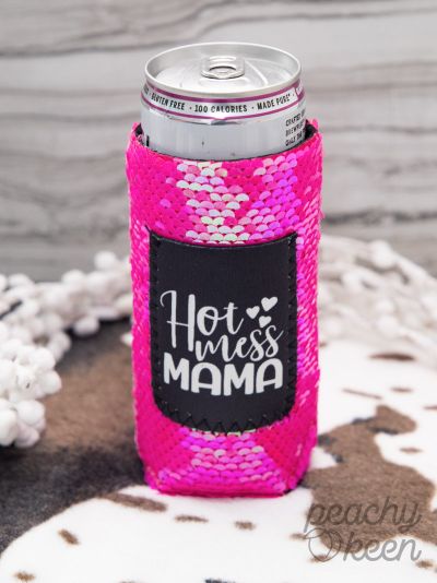 Hot Mess Mama Pink Sequin Slim Can Cooler