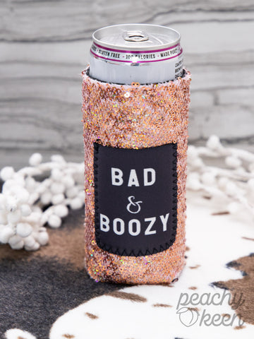 Bad and Boozy Rose Gold Sequin Slim Can Cooler