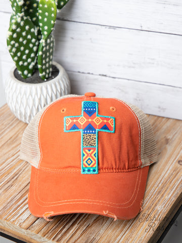 Aztec Cross on Burnt Orange Ponytail Hat