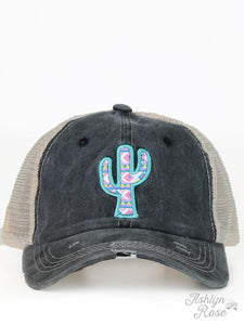 Embroidered Cactus on Distressed Charcoal Hat