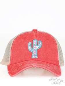 Embroidered Cactus on Distressed Bright Red Hat