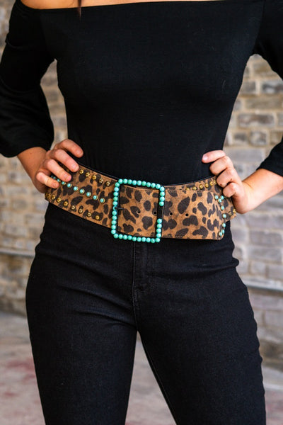 Extra Wide Leopard Belt with Turquoise Stones