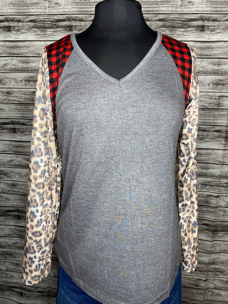 Grey Buffalo Plaid and Leopard Longsleeve V-neck