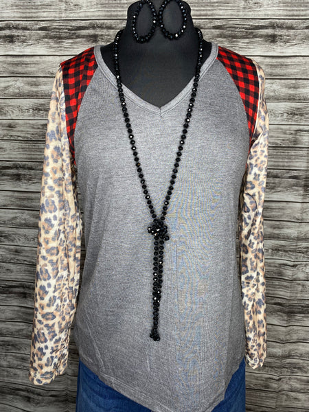 Grey Buffalo Plaid and Leopard Longsleeve V-neck