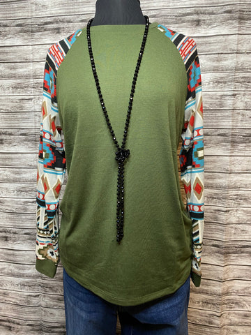 Olive Aztec Long Sleeve Top