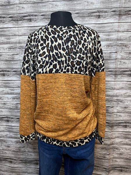 Leopard Color Block Sweater - Mustard