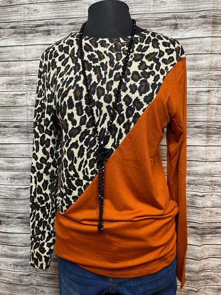 Leopard and Rust Sideways Long Sleeve Top