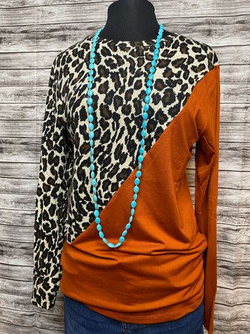 Leopard and Rust Sideways Long Sleeve Top