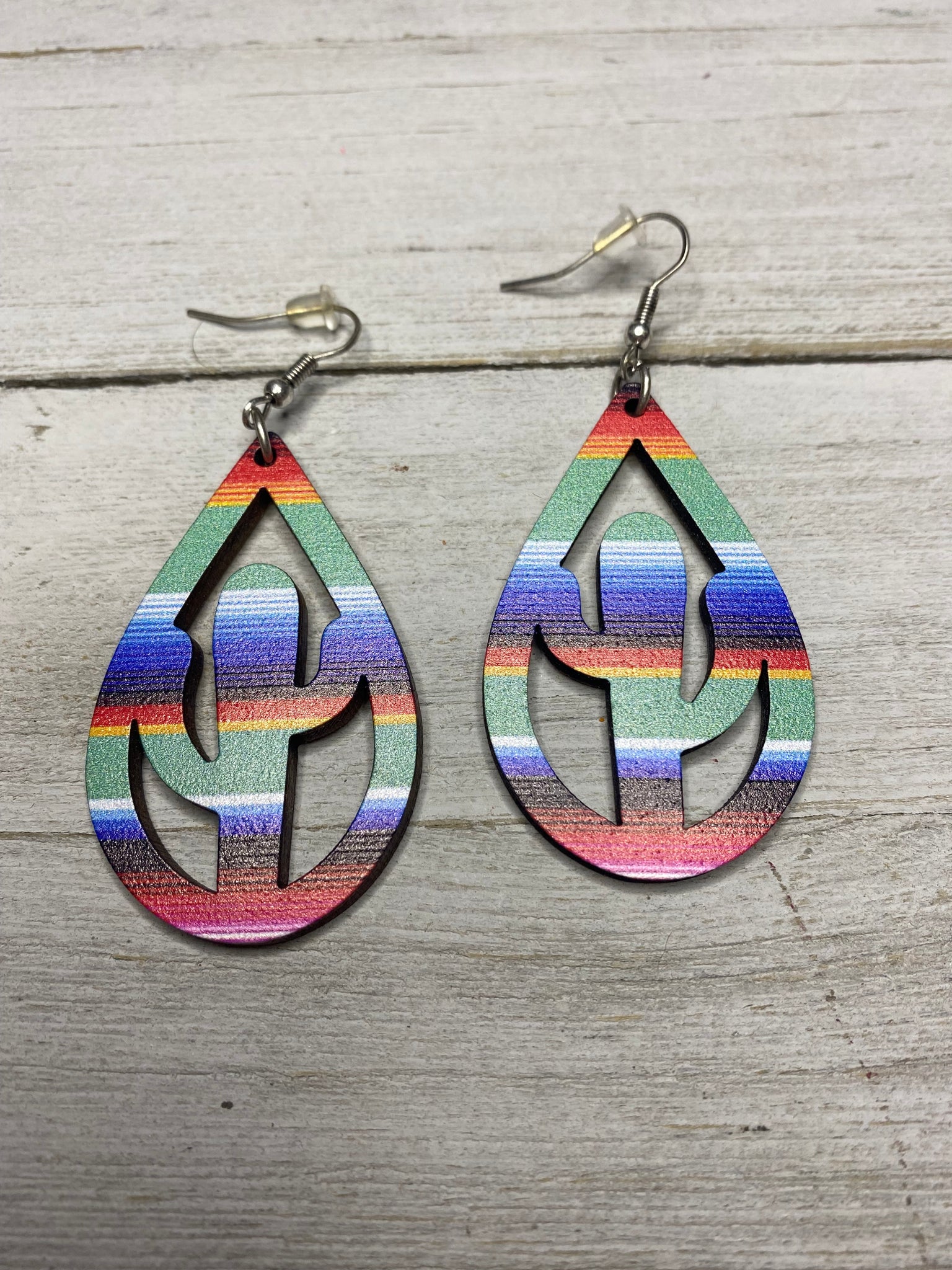 Serape Cactus Wood Teardrop Earrings