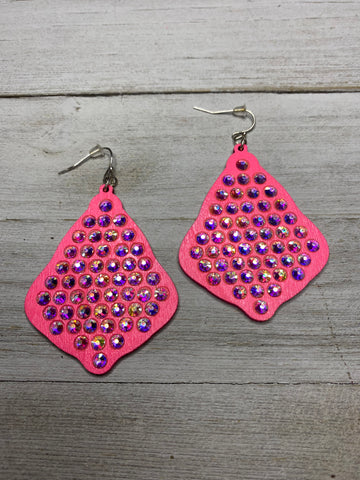 Pink and Rhinestone Wood Diamond Earrings