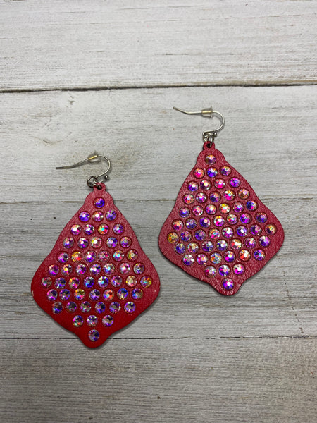 Red and Rhinestone Wood Diamond Earrings