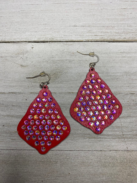 Red and Rhinestone Wood Diamond Earrings