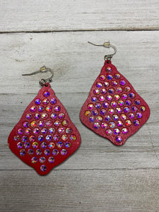 Red and Rhinestone Wood Diamond Earrings