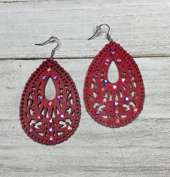 Large Red and Rhinestone Wood Teardrop Earrings