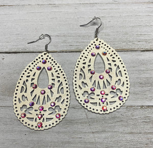 Large White and Rhinestone Wood Teardrop Earrings