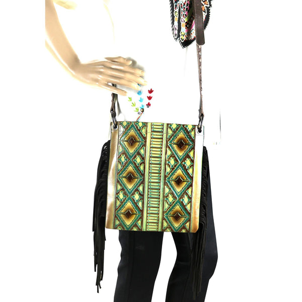 Tooled Tan and Turquoise Leather Crossbody with Fringe