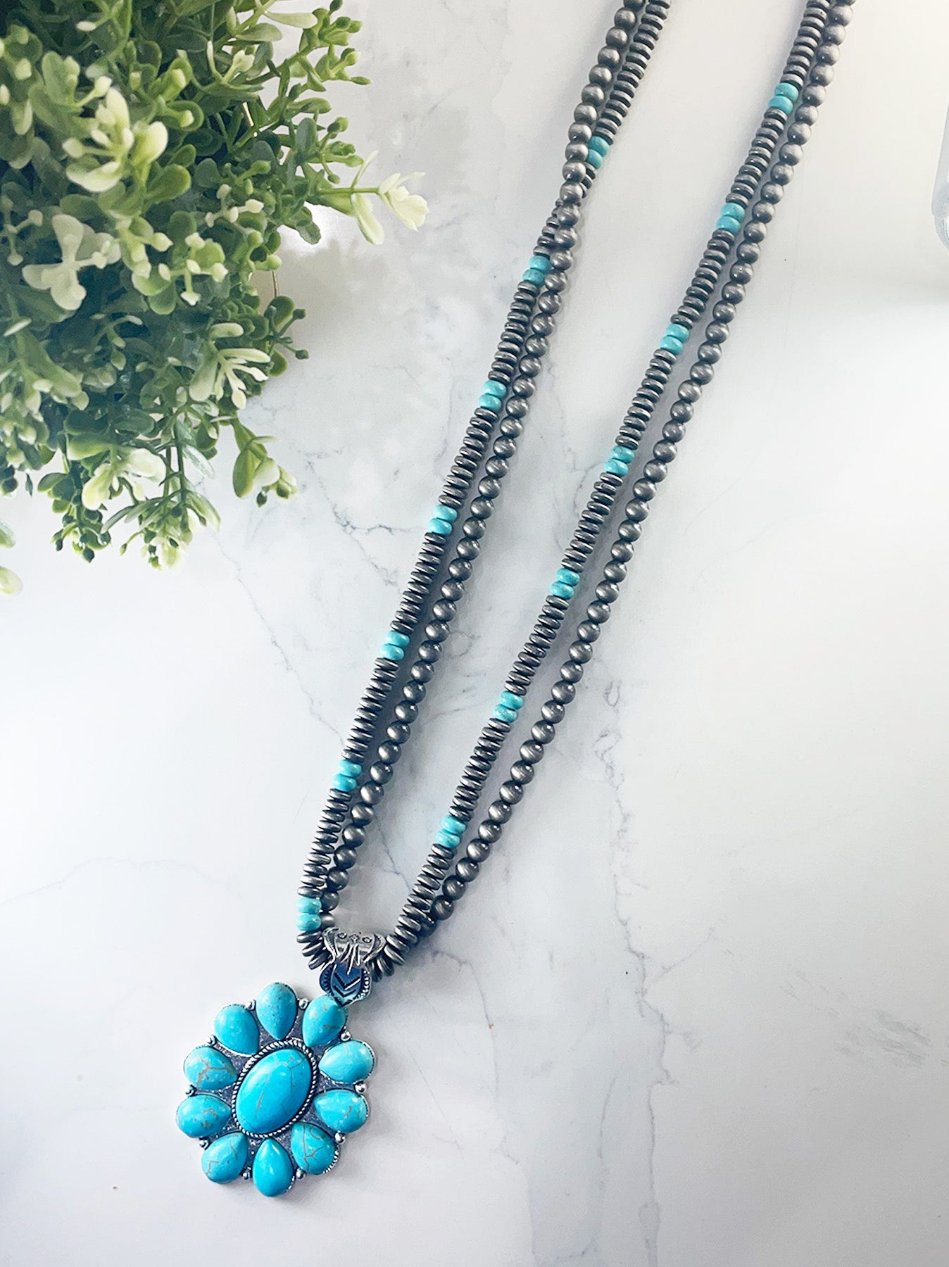 Ranch Wifey Turquoise Squash Blossom Navajo Pearls Necklace