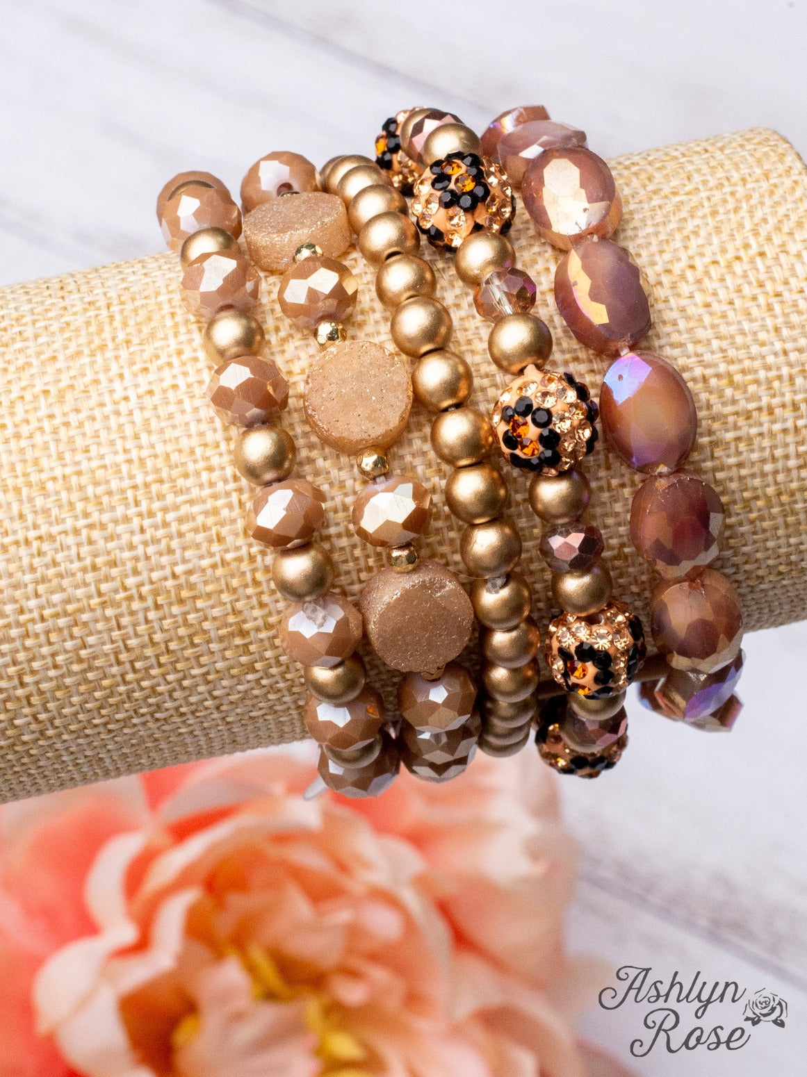 Gold Brown Mixed Beads Bracelet Set