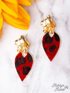 Gold Flower Red Leopard Teardrop Earrings