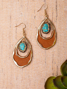 Turquoise Rock Brown Leather Earrings