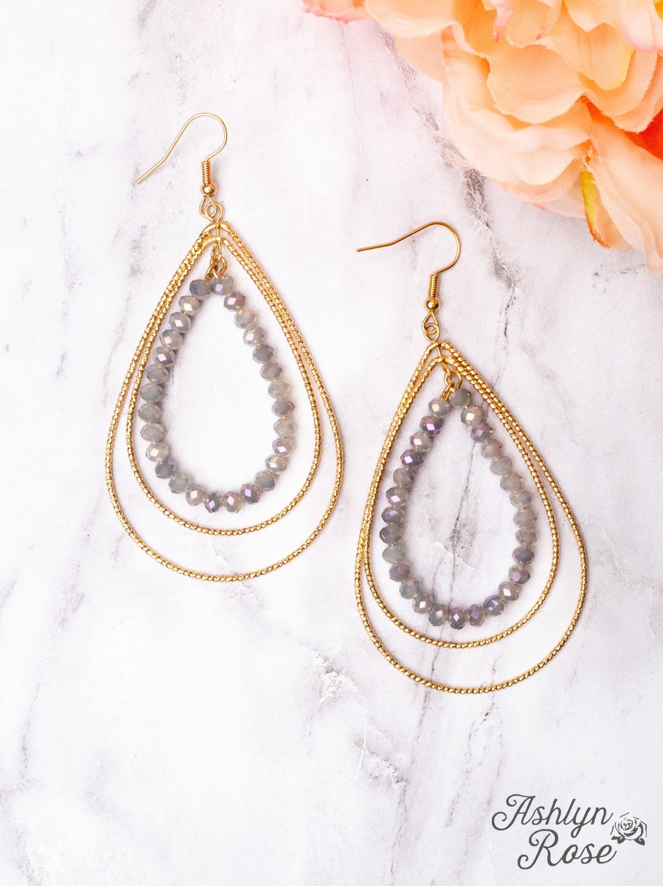 Mesmerized Gold Teardrop Grey Hoop Earrings