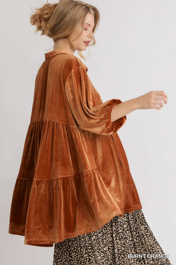 Burnt Orange Velvet 3/4 Sleeve Button Tunic – Mae's Barntique