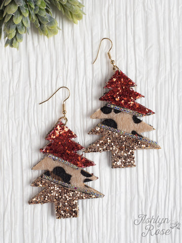 Glitter and Leopard Christmas Tree Earrings