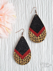 Black and Red Sparkle Leopard Leather Earrings