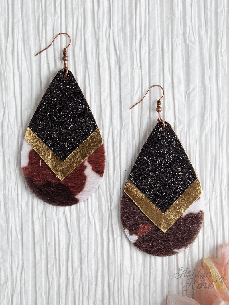 Black Sparkle and Cowhide Leather Earrings