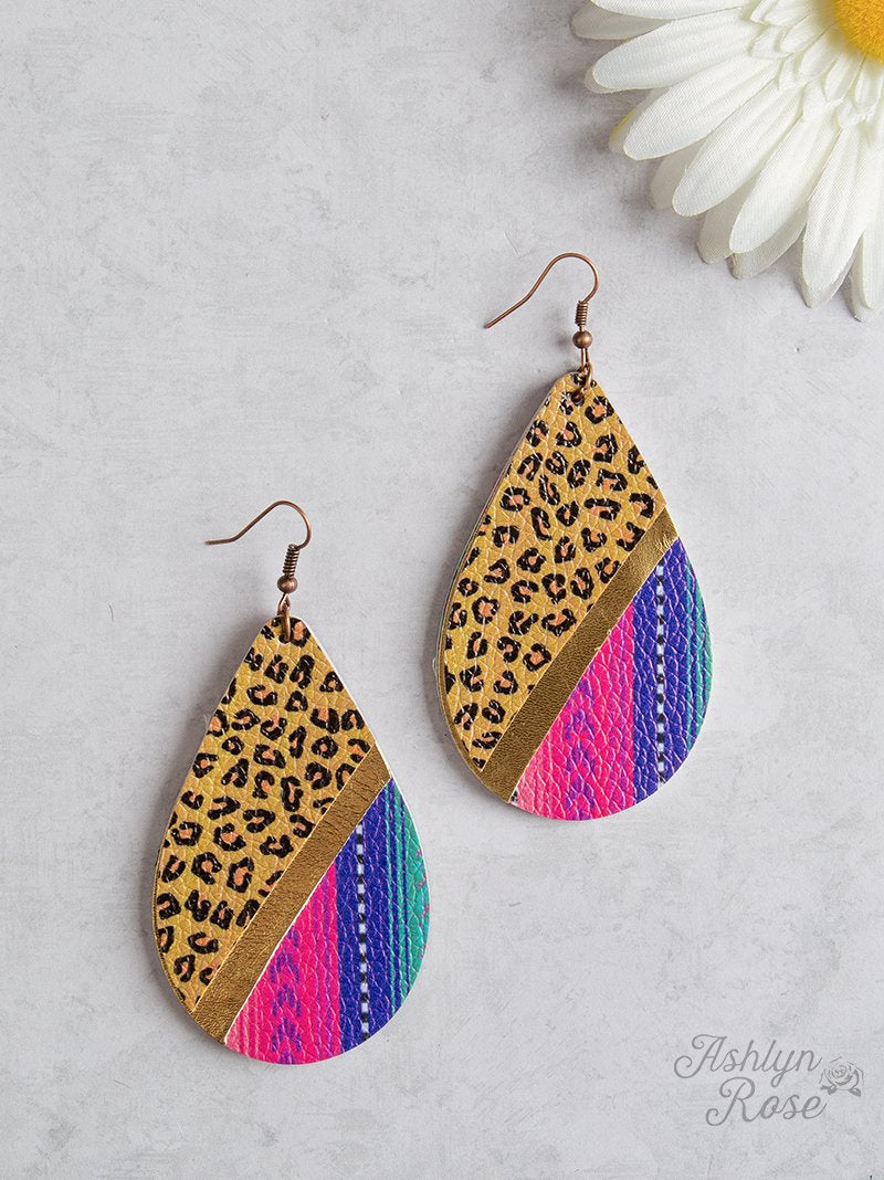 Leopard and Pink Aztec Serape Leather Earrings