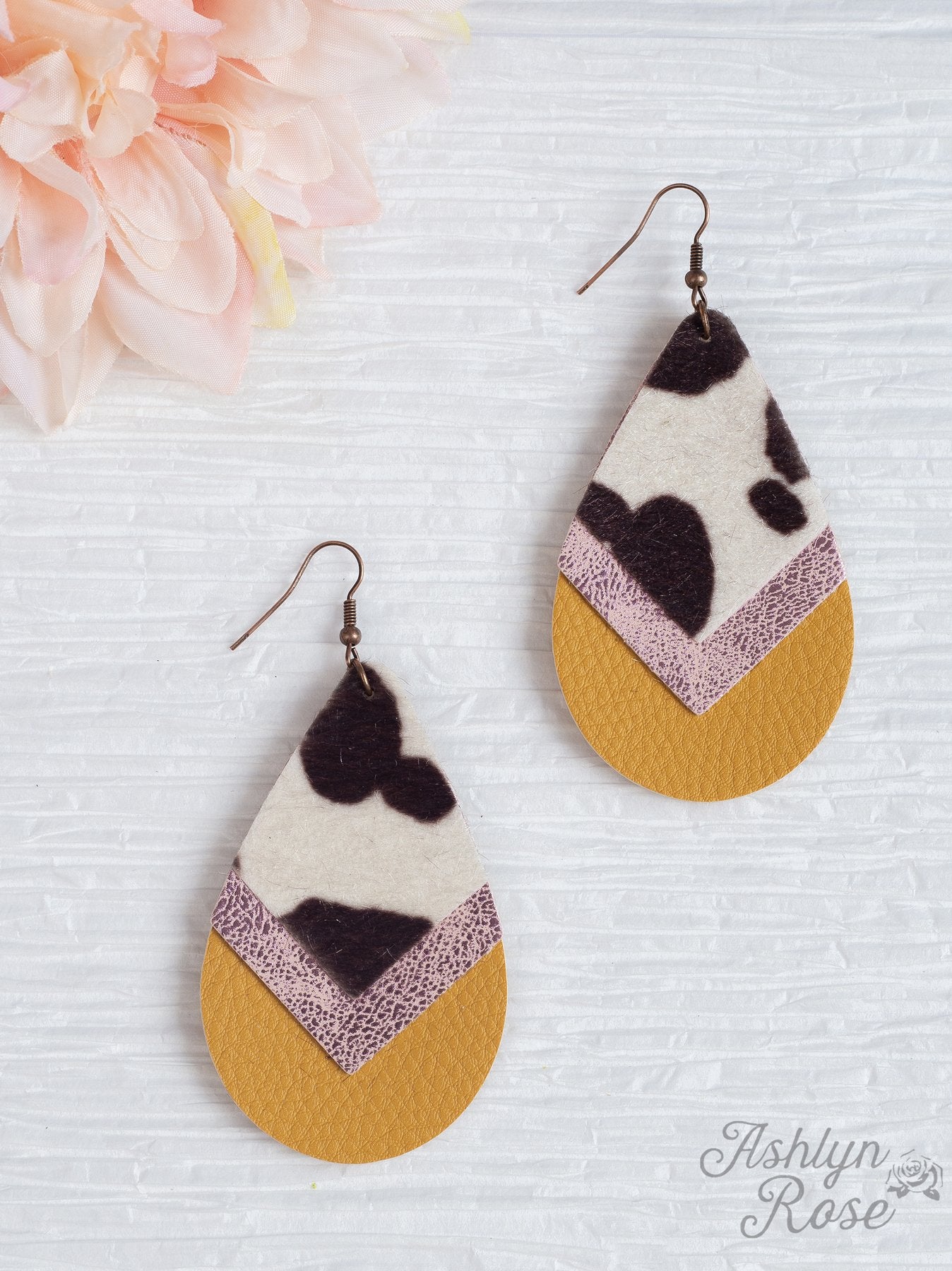 Cow Print Pink and Mustard Leather Earrings